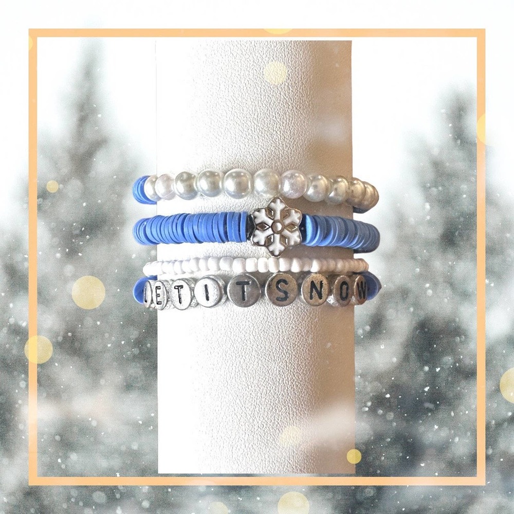 Let it Snow- Snowflake and Pearls Blue Beaded Bracelets- Set of 3